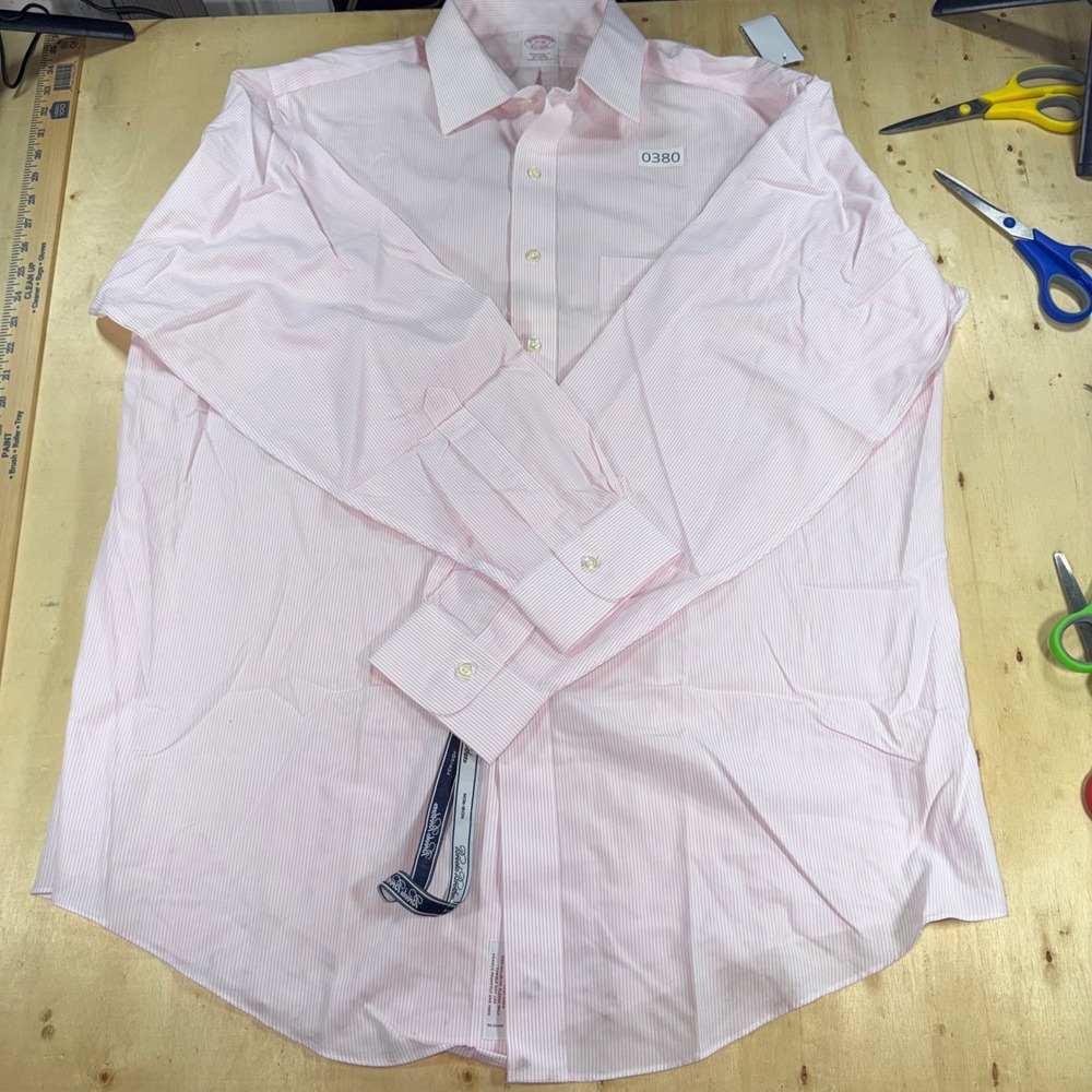 Brooks Brothers Mens 17-36 Pink Stripe Traditional Fit Non-Iron Shirt